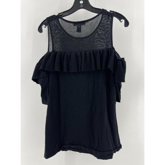 INC Women's Black Sweater Open Shoulder Sexy Size Large Sheer Neckline - Picture 6 of 11